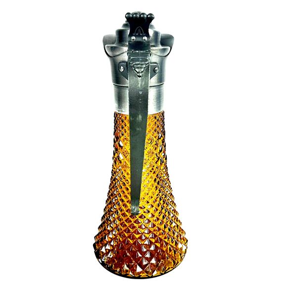 Antique Diamond Point Amber Glass Ewer Style Pitcher Pewter Lid & Handle-Rare! - Picture 4 of 8